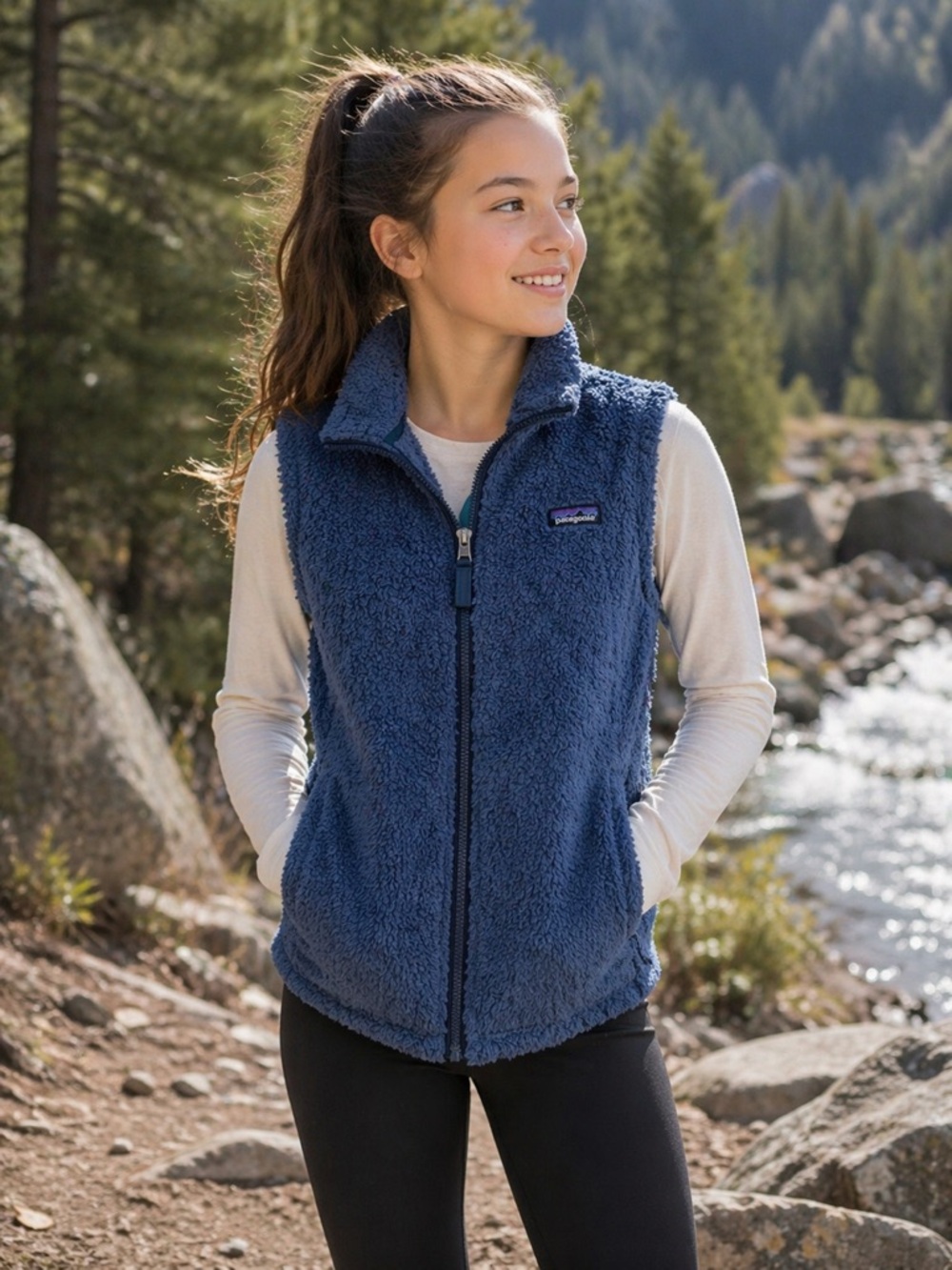 Patagonia Girls Kids XXL 16-18 Los Gatos Fleece Vest Sherpa Full Zip Navy Blue